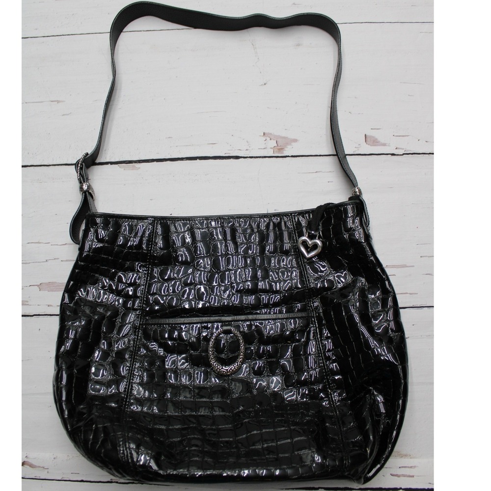 Brighton Shoulder Bag Patent Croc Leather Black M Y2K Teal